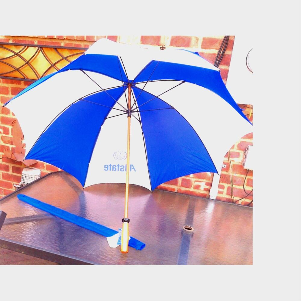 Vintage The Mulligan Allstate Large Blue White Golf Rain Umbrella 64"
